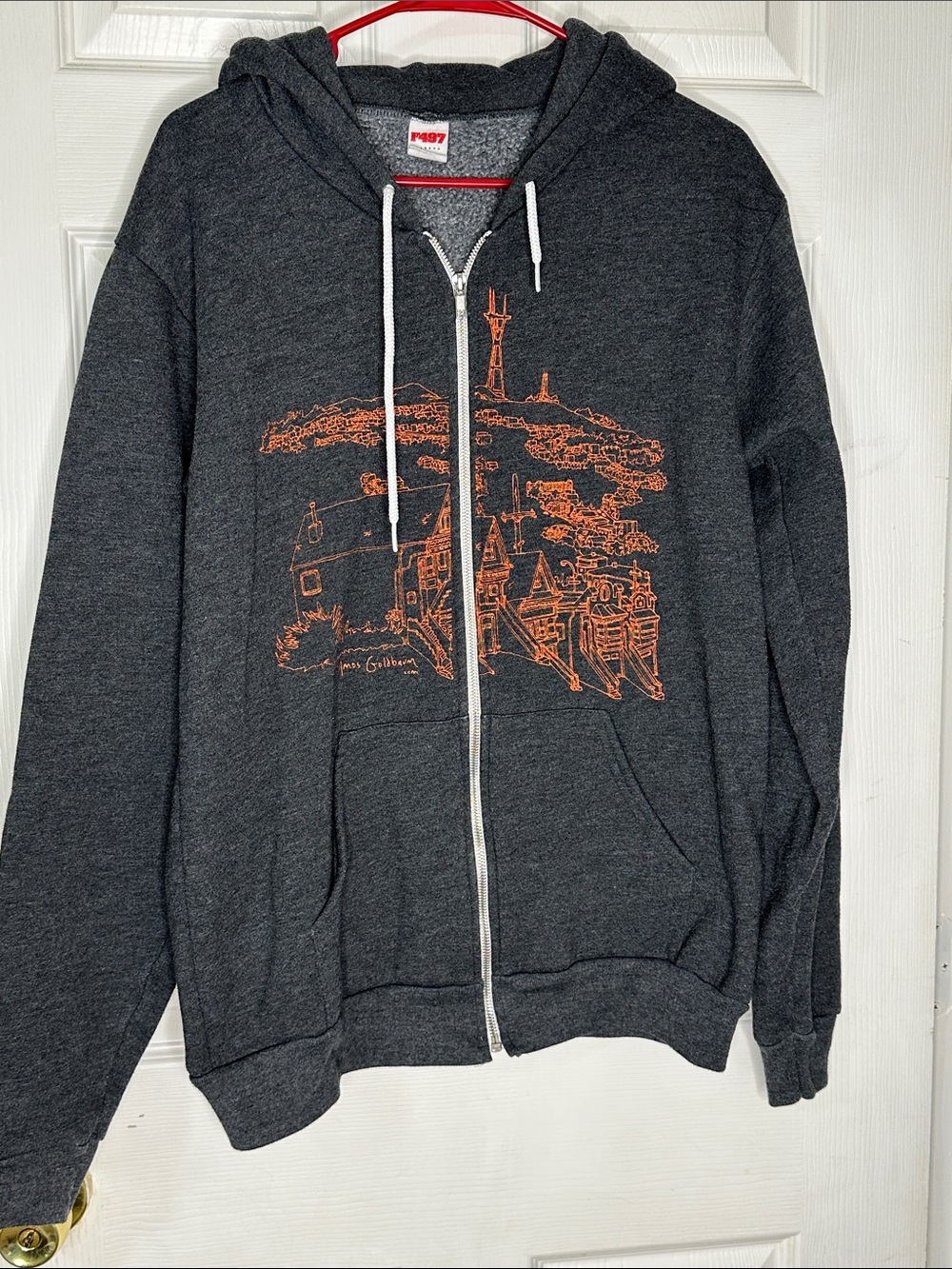 Men's Dark Gray Zip-Up Hoodie with Orange Graphic